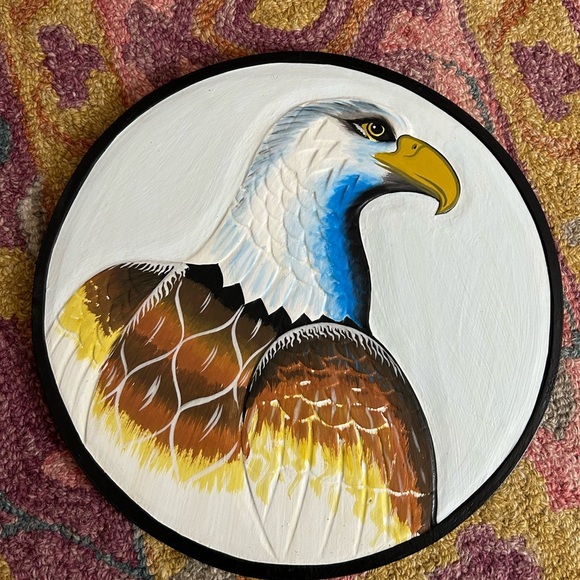 Vintage 11.75" Handpainted Eagle Wall Art White, Blue, Brown, Yellow Indonesia - Picture 7 of 14